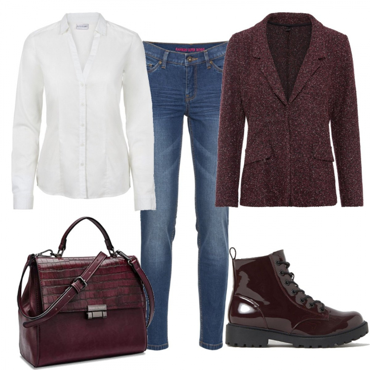 Outfit donna - Rosso rubino. Stile Basic per Tutti i giorni. Abbinamento con camicie, jeans skinny, blazer, stivaletti, borse a mano.