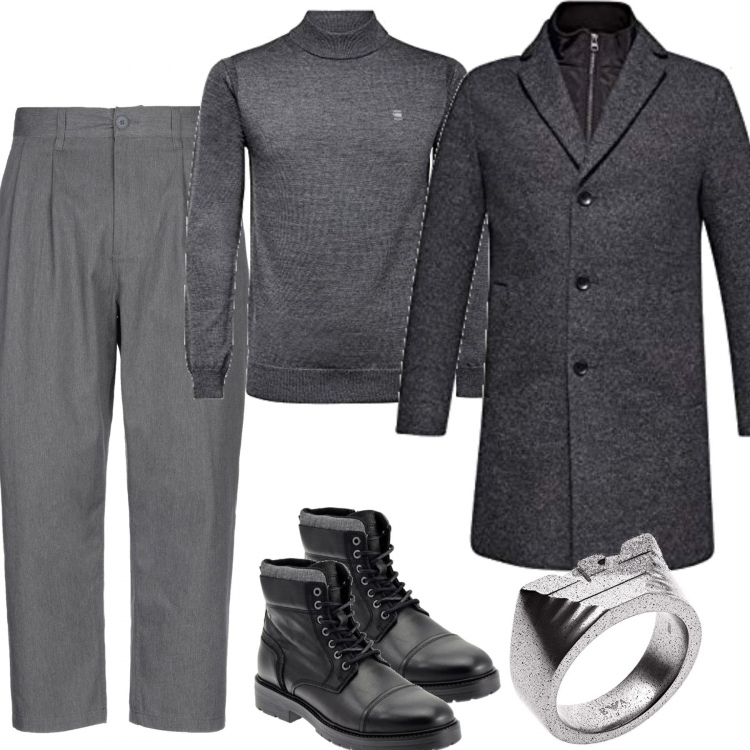 Outfit uomo - Un anello per dare personalità. Stile Biker Rock per Tutti i giorni. Abbinamento con stivali e stivaletti, pantaloni, cappotti, anelli, maglioni.
