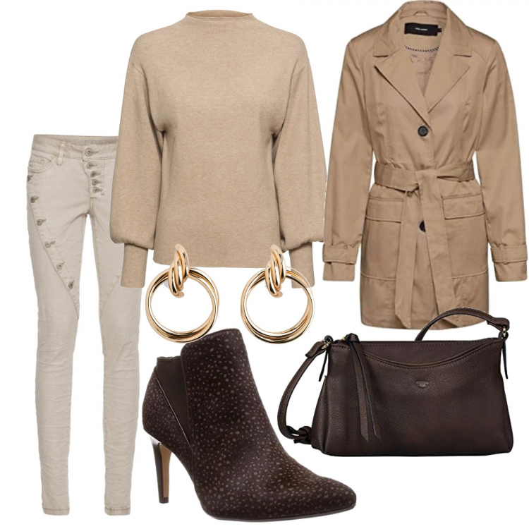 Outfit donna - Urban #28270. Stile Urban per Tutti i giorni. Abbinamento con maglieria, pantaloni, orecchini, borse a tracolla, trench, stivaletti.