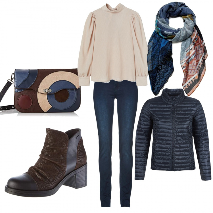 Outfit donna - Urban #28274. Stile Urban per Tutti i giorni. Abbinamento con jeans, piumini, camicie, stivaletti, borse a tracolla, sciarpe.