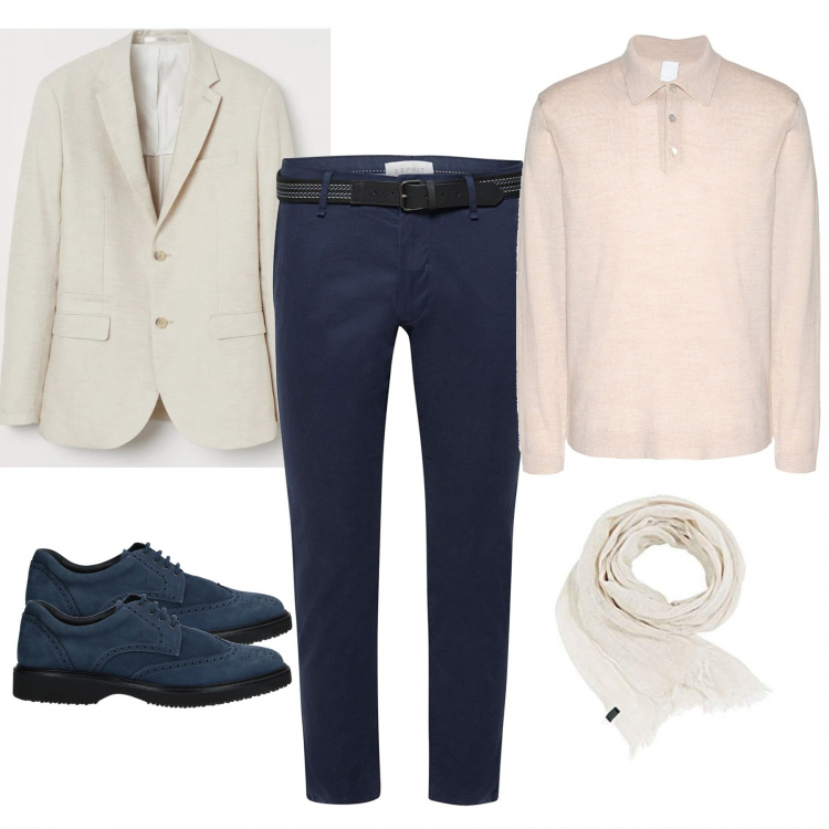 Outfit uomo - Spezzato uomo con blazer chiaro. Stile Business/Elegante per Ufficio. Abbinamento con pullovers, scarpe stringate, pantaloni, giacche, sciarpe.