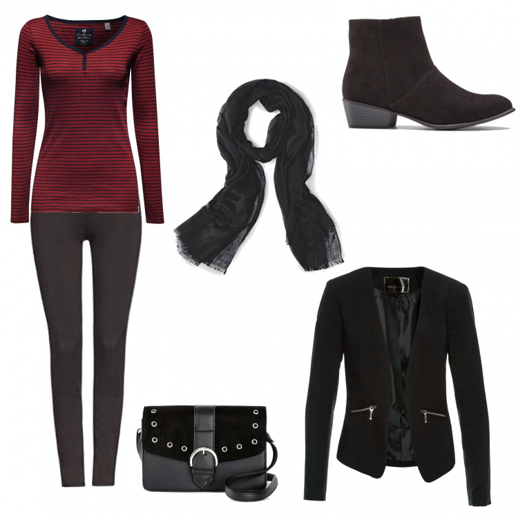 Outfit donna - Elegant rock. Stile Rock per Tutti i giorni. Abbinamento con blazer, borse a tracolla, stivaletti, pullovers, foulard, jeans skinny.