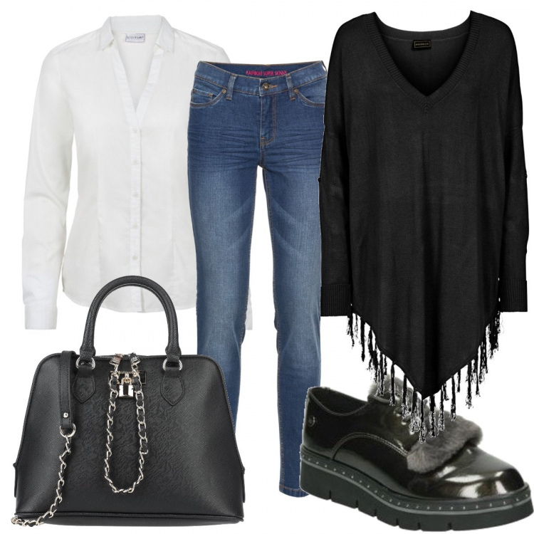 Outfit donna - Praticità vincente. Stile Basic per Tutti i giorni. Abbinamento con jeans skinny, camicie, cappotti, borse a mano, scarpe stringate.