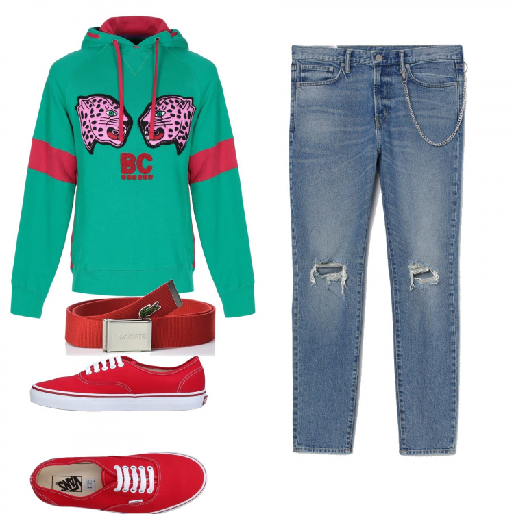 Outfit uomo - Felpa con cappuccio verde. Stile Casual per Tutti i giorni. Abbinamento con felpe con cappuccio, sneakers, cinture, jeans.