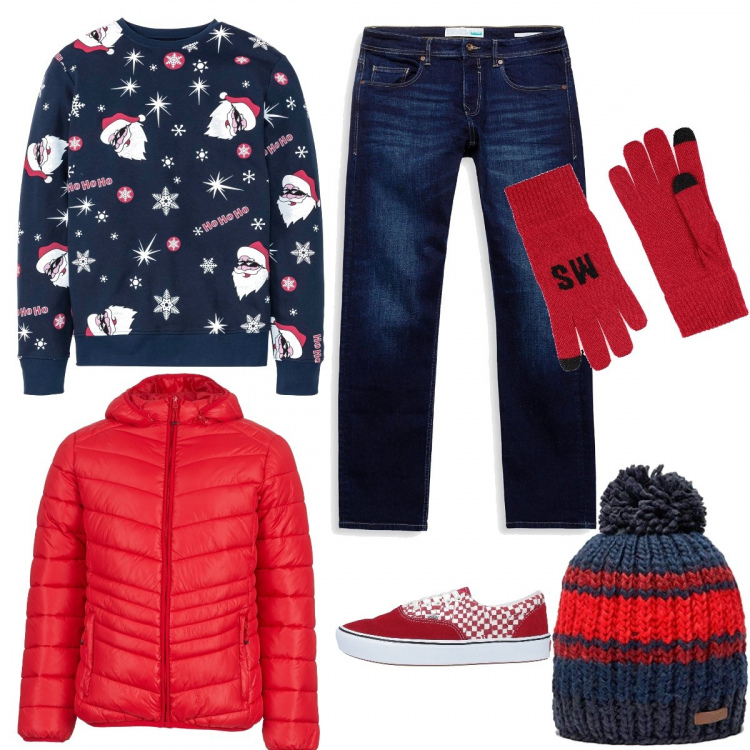 Outfit uomo - Aspettando il Natale. Stile Casual per Tutti i giorni. Abbinamento con felpe, sneakers, guanti, piumini, jeans dritti, berretti.