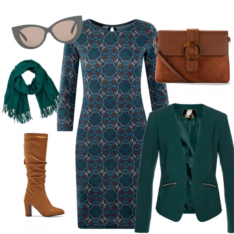 Outfit donna - Blazer e abito verde petrolio. Stile Bon Ton per Serata fuori. Abbinamento con blazer, stivali, borse a tracolla, occhiali da sole, vestiti midi/longuette, sciarpe.