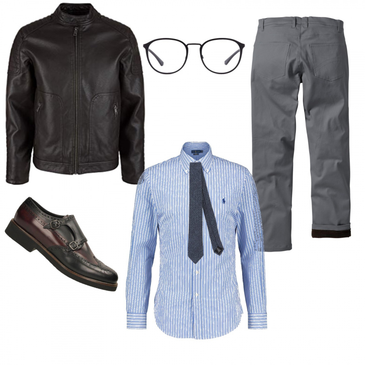 Outfit uomo - Serata con amici. Stile Casual per Tutti i giorni. Abbinamento con pantaloni, cravatte, scarpe stringate, cappotti, camicie, occhiali.