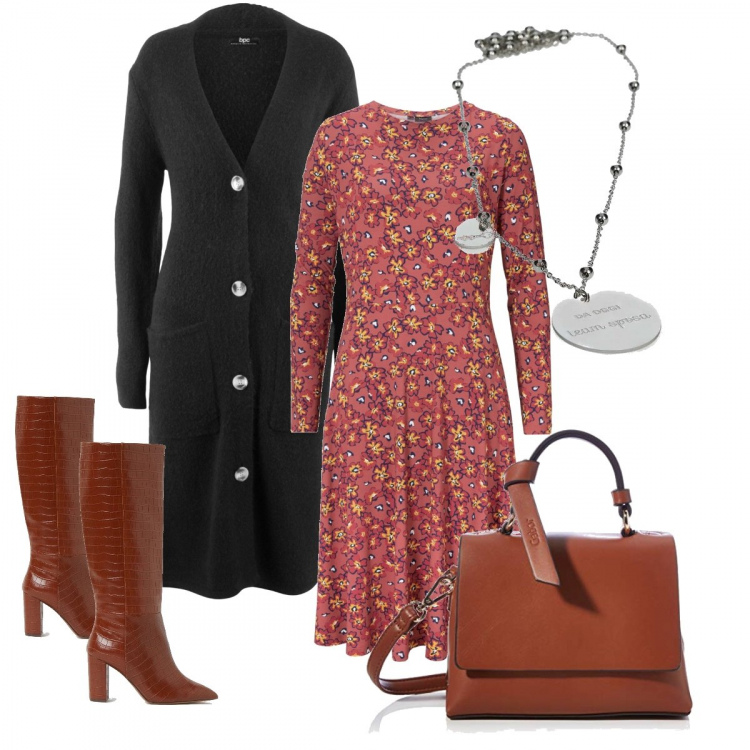 Outfit donna - Caffè break. Stile Chic per Tutti i giorni. Abbinamento con cardigans, vestiti, collane, stivali, borse a tracolla.