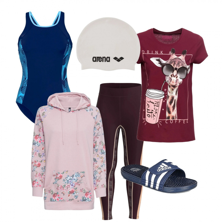 Outfit donna - Costume intero e felpa rosa. Stile Basic per Sport. Abbinamento con costumi interi, felpe con cappuccio, t-shirt, leggings, berretti, ciabatte.