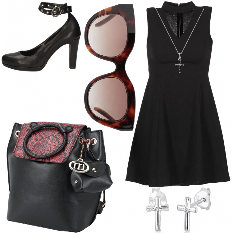Outfit donna - Back in black. Stile Rock per Serata fuori. Abbinamento con zaini, occhiali da sole, vestiti corti, décolleté, orecchini, ciondoli.