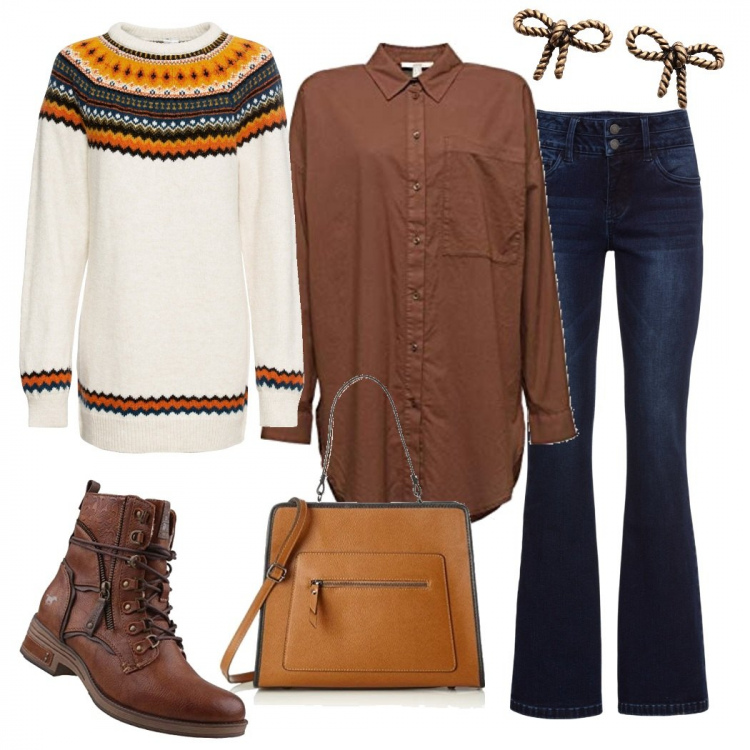 Outfit donna - Monday style: colori autunnali. Stile Basic per Tutti i giorni. Abbinamento con jeans bootcut, maglieria, orecchini, stivaletti, camicie, borse a spalla.