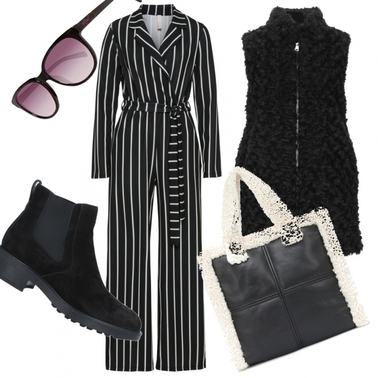 Outfit donna - Bon Ton #31551. Stile Bon Ton per Serata fuori. Abbinamento con tute, stivaletti, cappotti, occhiali da sole, borse a mano.