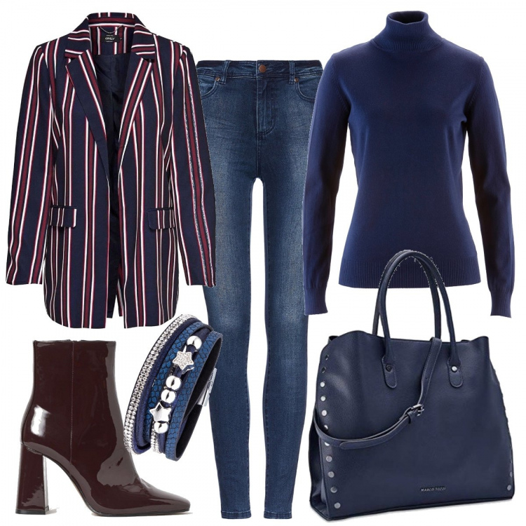 Outfit donna - In ufficio trendy. Stile Trendy per Ufficio. Abbinamento con maglieria, braccialetti, blazer, borse a mano, stivaletti, jeans.