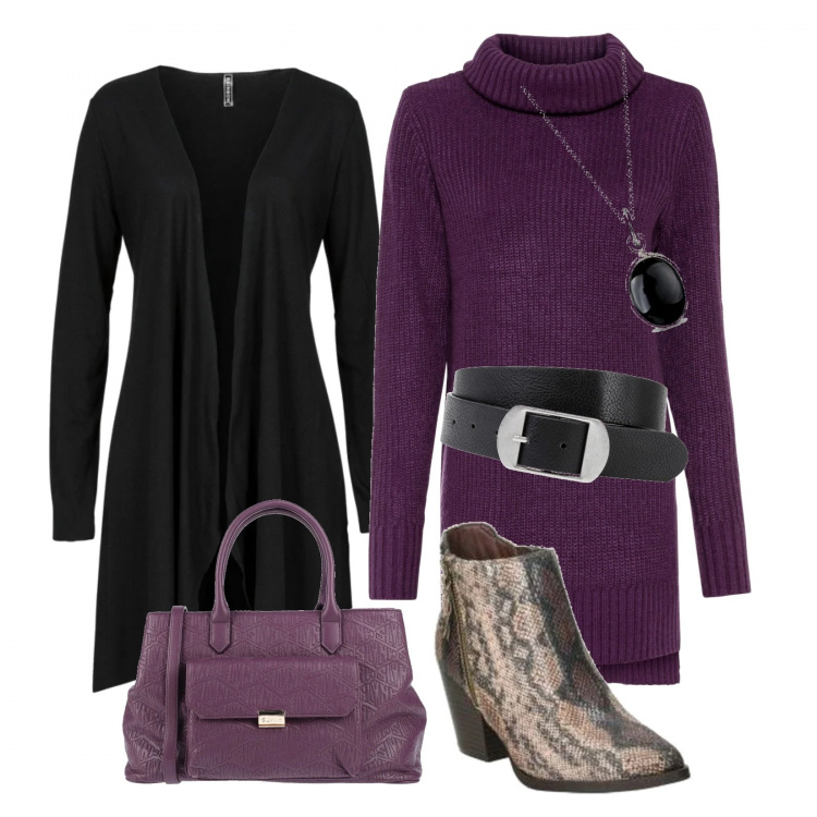 Outfit donna - Non solo viola. Stile Trendy per Tutti i giorni. Abbinamento con cardigans, maglieria, cinture, borse a mano, stivaletti, ciondoli.