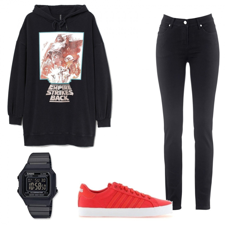 Outfit donna - Outfit Total black. Stile Urban per Scuola/Università. Abbinamento con jeans dritti, sneakers, vestiti lunghi, orologi.
