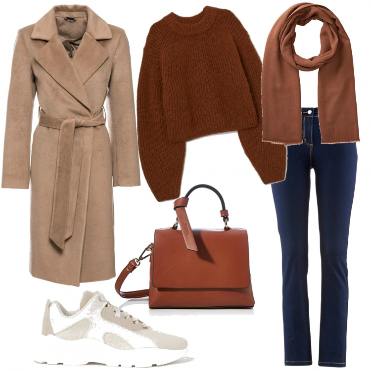 Outfit donna - Autunno con furore. Stile Urban per Scuola/Università. Abbinamento con jeans dritti, cappotti, sneakers, borse a mano, pullovers, sciarpe.
