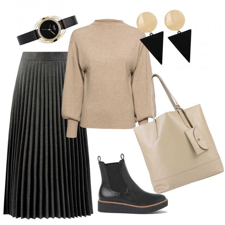 Outfit donna - Magic beige. Stile Urban per Tutti i giorni. Abbinamento con maglieria, orecchini, borse a spalla, stivaletti chelsea, gonne lunghe, orologi analogici.