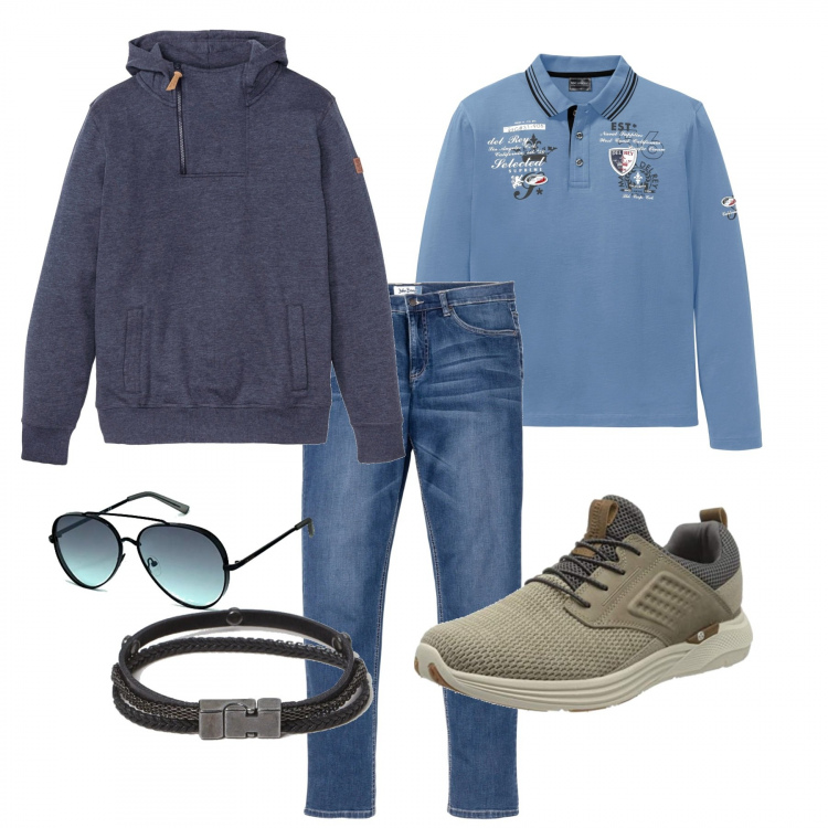 Outfit uomo - Polo maniche lunghe e jeans. Stile Casual per Tutti i giorni. Abbinamento con jeans, polo, felpe con cappuccio, occhiali da sole, braccialetti, sneakers.