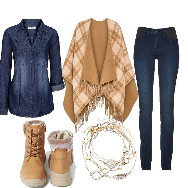 Outfit donna - Stivaletti & jeans al parco. Stile Urban per Tutti i giorni. Abbinamento con jeans, braccialetti con ciondoli, camicie, cappotti, stivaletti.