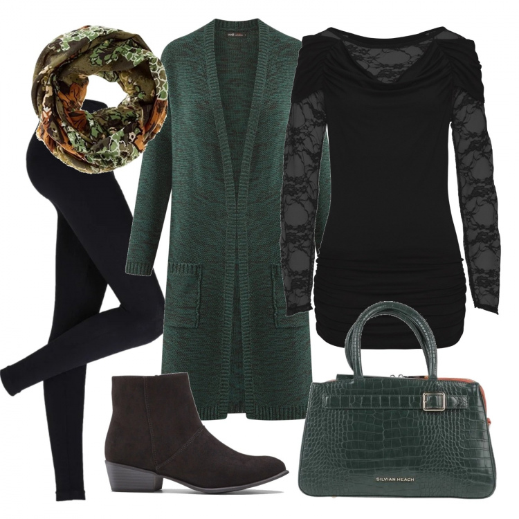 Outfit donna - Green emotion. Stile Trendy per Serata fuori. Abbinamento con leggings, pullovers, stivaletti, borse a tracolla, cardigans, foulard.