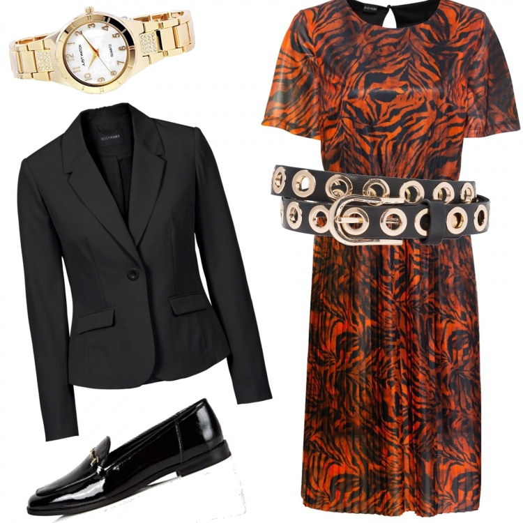 Outfit donna - Stasera si esce.... Stile Trendy per Serata fuori. Abbinamento con blazer, vestiti, cinture, mocassini, orologi.