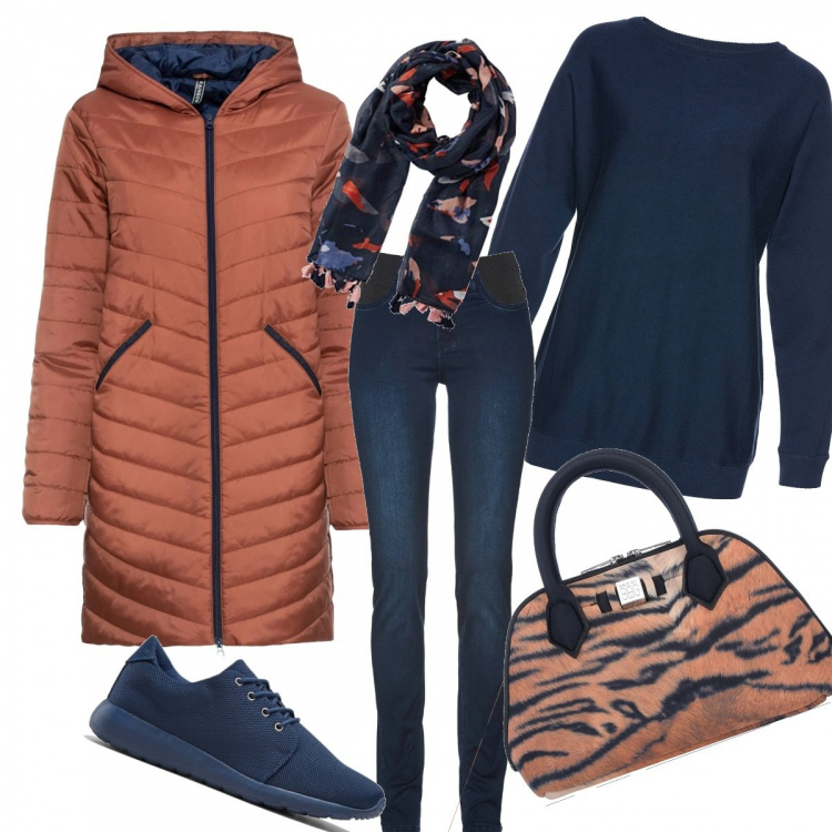 Outfit donna - Urban #28391. Stile Urban per Tutti i giorni. Abbinamento con maglieria, jeans, cappotti, sneakers, borse a mano, sciarpe.