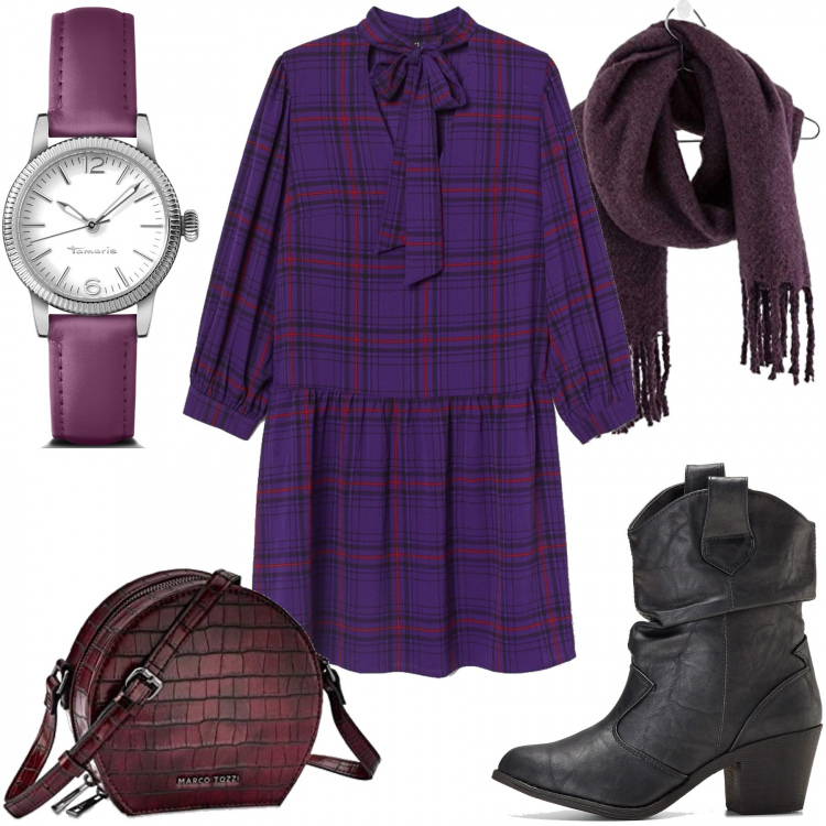 Outfit donna - L\'abito con il fiocco. Stile Bon Ton per Tutti i giorni. Abbinamento con stivaletti texani, borse a tracolla, vestiti corti, orologi, sciarpe.