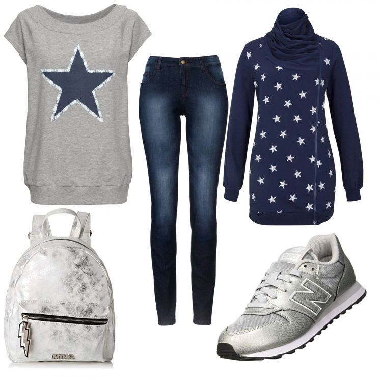 Outfit donna - Stelle e stile. Stile Basic per Scuola/Università. Abbinamento con jeans skinny, t-shirt, blazer, sneakers alte, zaini.