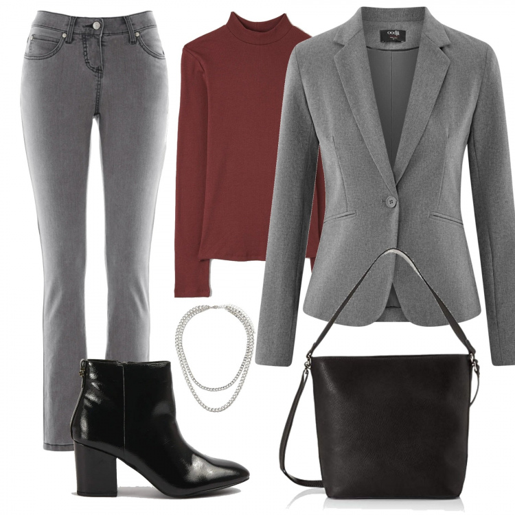 Outfit donna - Esame all\'università. Stile Chic per Scuola/Università. Abbinamento con jeans slim fit, t-shirt, stivaletti, blazer, borse a cartella, collane.