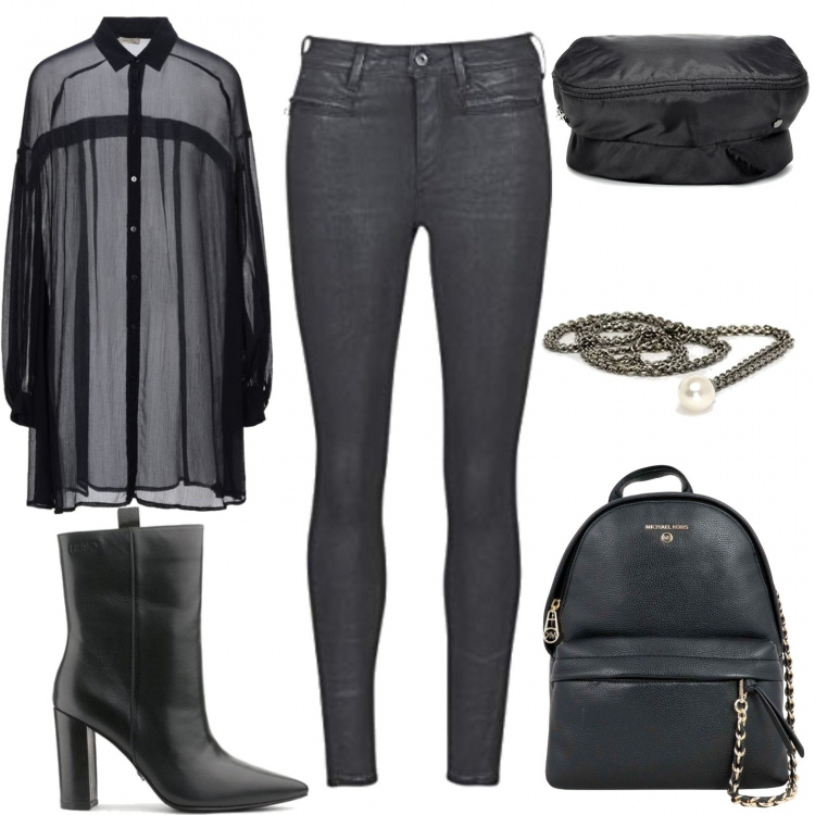 Outfit donna - Colazione con le amiche. Stile Chic per Tutti i giorni. Abbinamento con camicie, stivaletti, zaini, jeans skinny, ciondoli, cappelli.