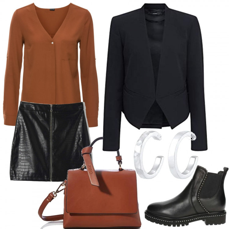 Outfit donna - Toni caldi. Stile Urban per Tutti i giorni. Abbinamento con camicie, minigonne, stivaletti, blazer, borse a mano, orecchini.