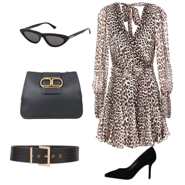 Outfit donna - Chic animalier. Stile Chic per Serata fuori. Abbinamento con vestiti corti, occhiali da sole, cinture, décolleté, borse a mano.