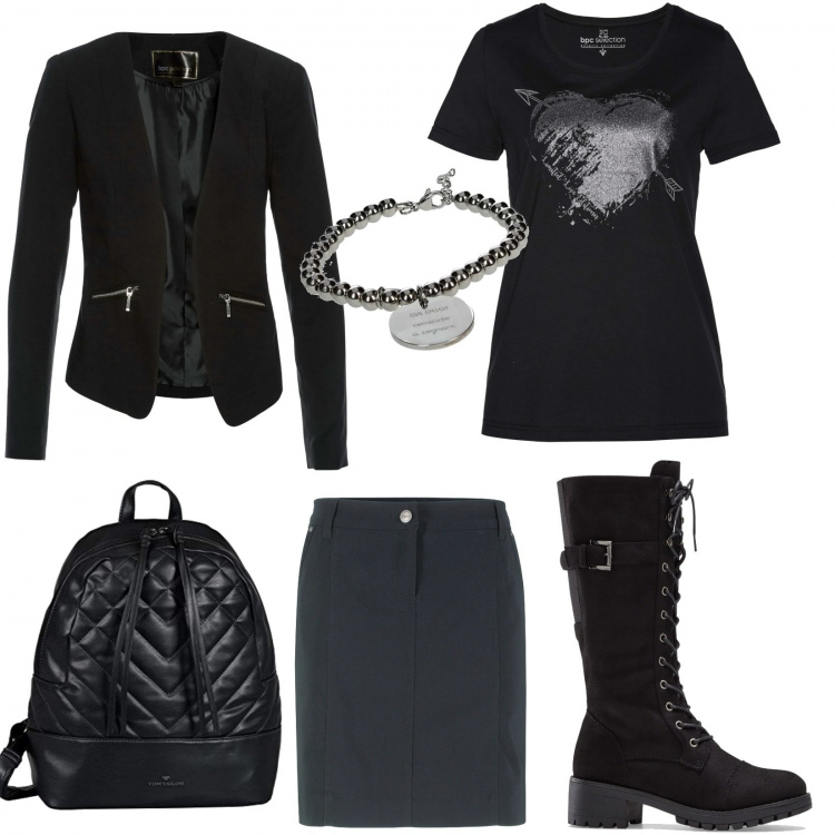 Outfit donna - Gonna più stivali Rock curvy. Stile Rock per Tutti i giorni. Abbinamento con blazer, stivali, t-shirt, gonne, braccialetti, zaini.