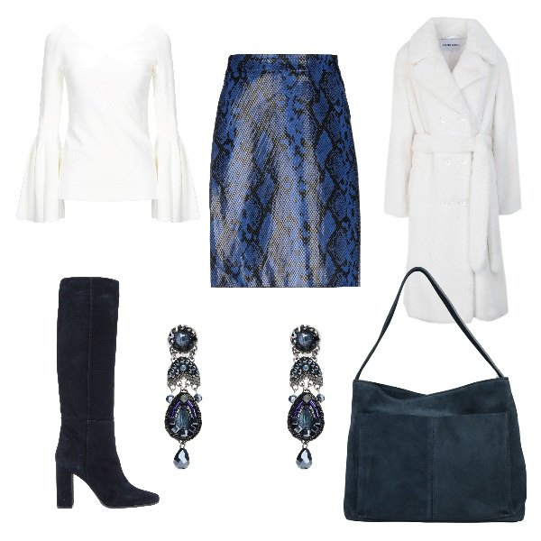 Outfit donna - Gonna e stivali blue & white. Stile Bon Ton per Tutti i giorni. Abbinamento con ecopellicce, orecchini, gonne longuette, stivali, pullovers, borse a mano.