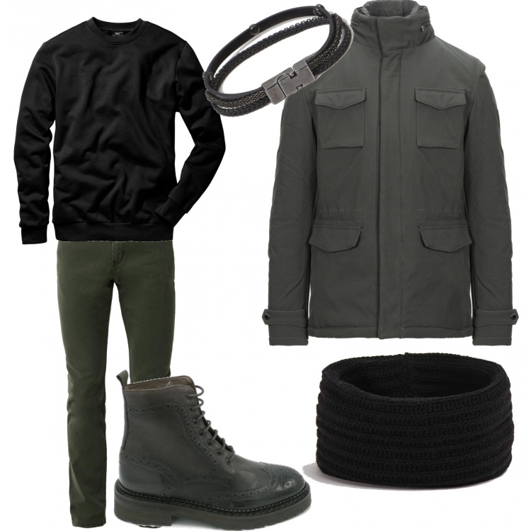 Outfit uomo - Glam. Stile Business/Elegante per Tutti i giorni. Abbinamento con felpe, giacche, sciarpe e foulard, sneakers, braccialetti, jeans.