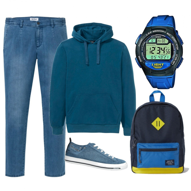 Outfit uomo - Urban #10345. Stile Urban per Tutti i giorni. Abbinamento con felpe con cappuccio, jeans, sneakers, orologi digitali.