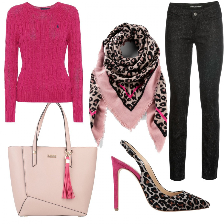 Outfit donna - Rosa con dettaglio animalier. Stile Chic per Tutti i giorni. Abbinamento con foulard, jeans skinny, décolleté, borse a mano, pullovers.