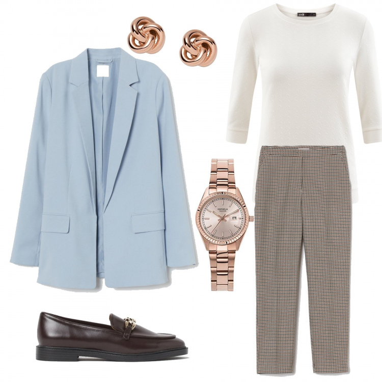 Outfit donna - Chic al lavoro. Stile Bon Ton per Ufficio. look ideale per Tall. Abbinamento con maglioni, blazer, orecchini, orologi analogici, pantaloni, mocassini.
