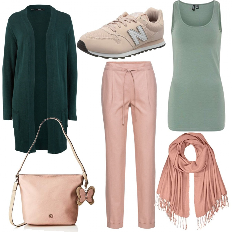 Outfit donna - Verde e rosa. Stile Basic per Tutti i giorni. Abbinamento con pantaloni, cardigans, sneakers, canottiere, sciarpe, borse a spalla.