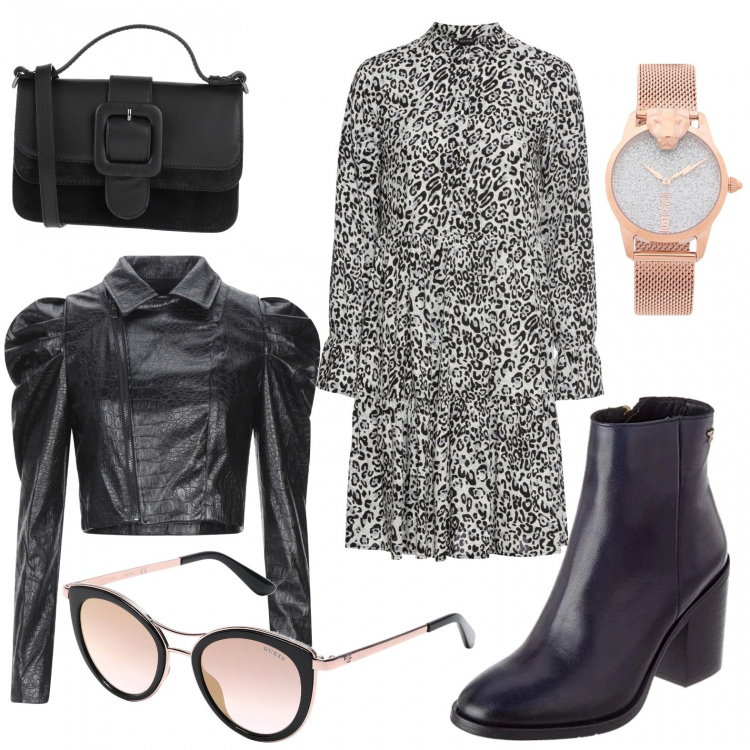 Outfit donna - Leopard rock chic. Stile Chic per Serata fuori. Abbinamento con vestiti, borse a mano, giacche, occhiali da sole, orologi, stivaletti.