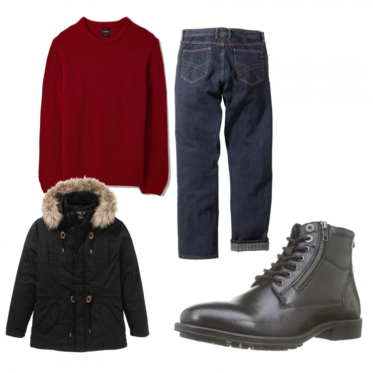 Outfit uomo - Freddo non ti temo. Stile Urban per Tutti i giorni. Abbinamento con jeans dritti, parka, pullovers, stivali.