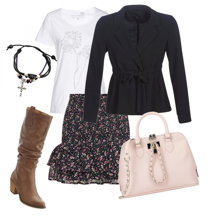 Outfit donna - Stivali e gonna da giorno. Stile Bon Ton per Tutti i giorni. Abbinamento con stivali, t-shirt, borse a mano, blazer, minigonne, braccialetti.