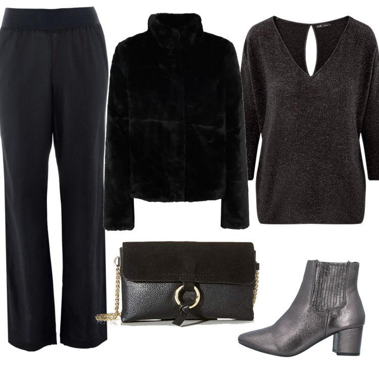 Outfit donna - Black trendy. Stile Trendy per Tutti i giorni. Abbinamento con stivaletti, ecopellicce, pantaloni, maglioni, borse a tracolla.