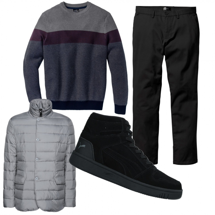 Outfit uomo - A casa dei tuoi. Stile Casual per Serata speciale. Abbinamento con pantaloni chino, maglioni, sneakers alte, piumini.