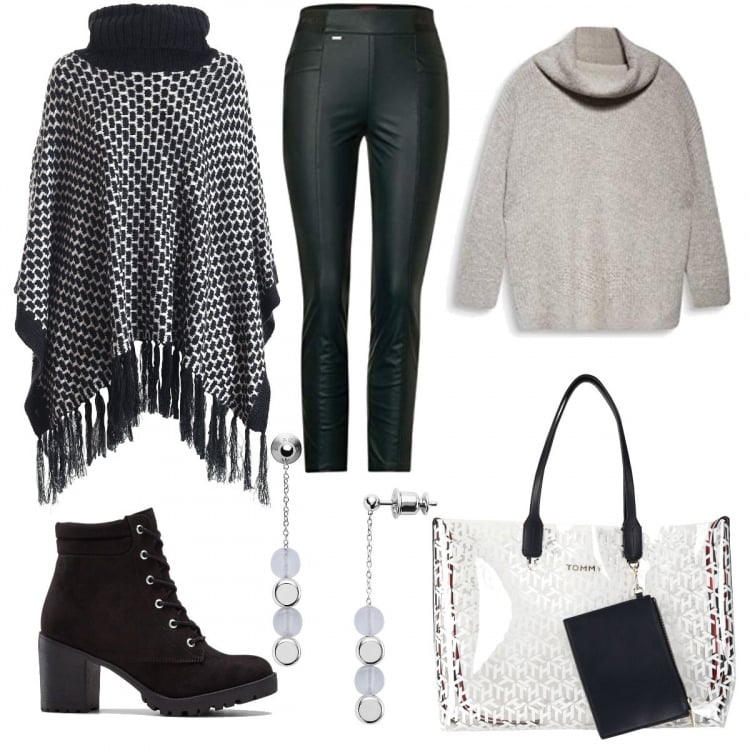 Outfit donna - Leggings e stivaletto. Stile Trendy per Tutti i giorni. Abbinamento con stivaletti, borse a mano, orecchini, cappe, pantaloni culotte, pullovers.