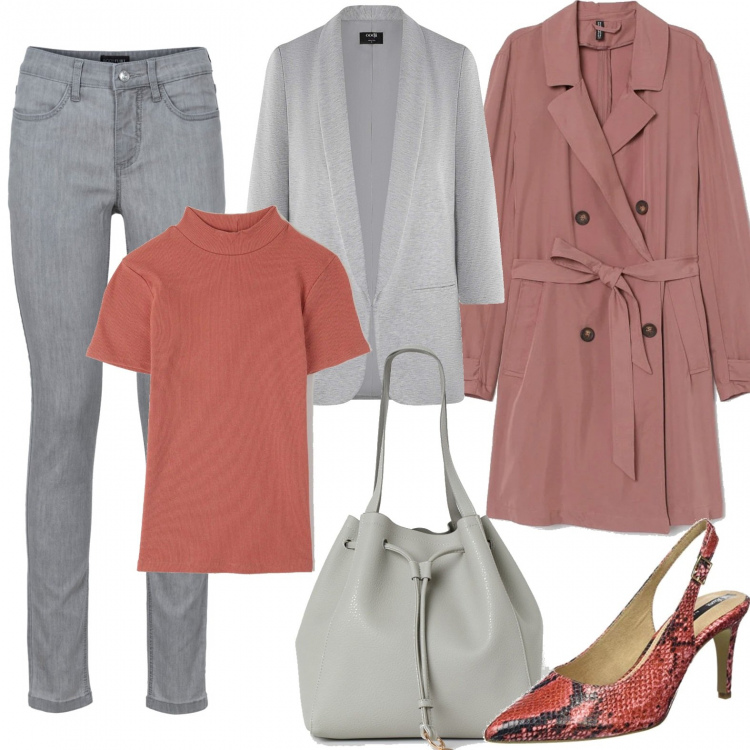 Outfit donna - Grey day. Stile Trendy per Ufficio. Abbinamento con jeans skinny, t-shirt, blazer, borse a secchiello, trench, scarpe col tacco.