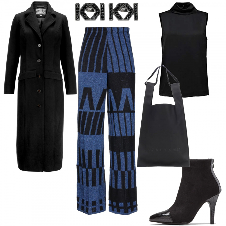 Outfit donna - In Bicolore Lamè. Stile Trendy per Serata fuori. Abbinamento con cappotti, stivaletti, pantaloni, orecchini, shopping bag, camicie.