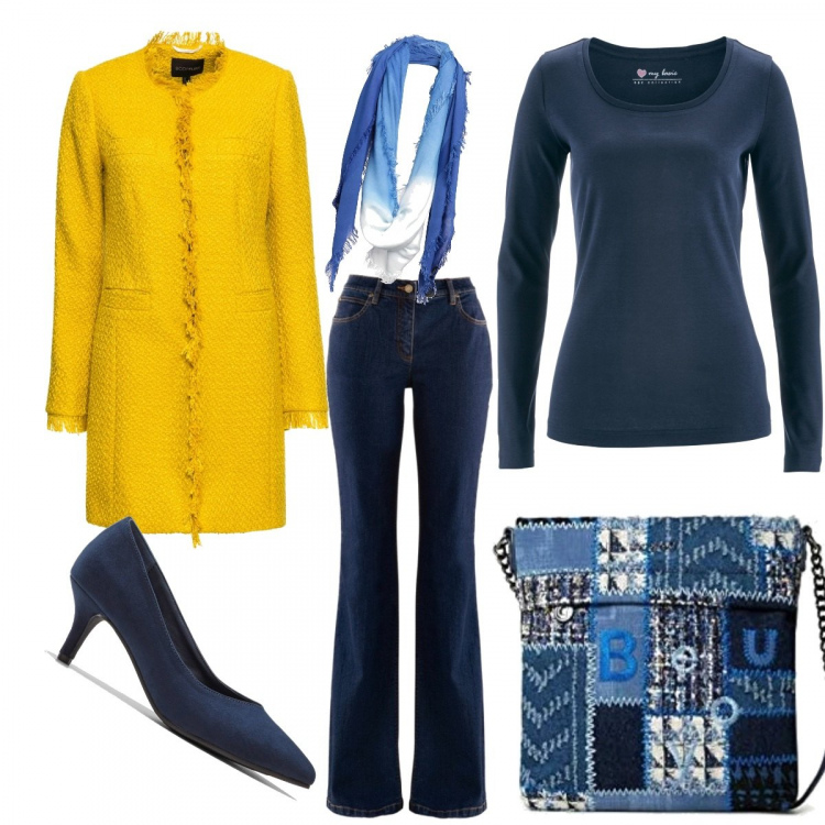 Outfit donna - Basic #41471. Stile Basic per Ufficio. Abbinamento con maglieria, trench, jeans bootcut, décolleté, foulard, borse a tracolla.