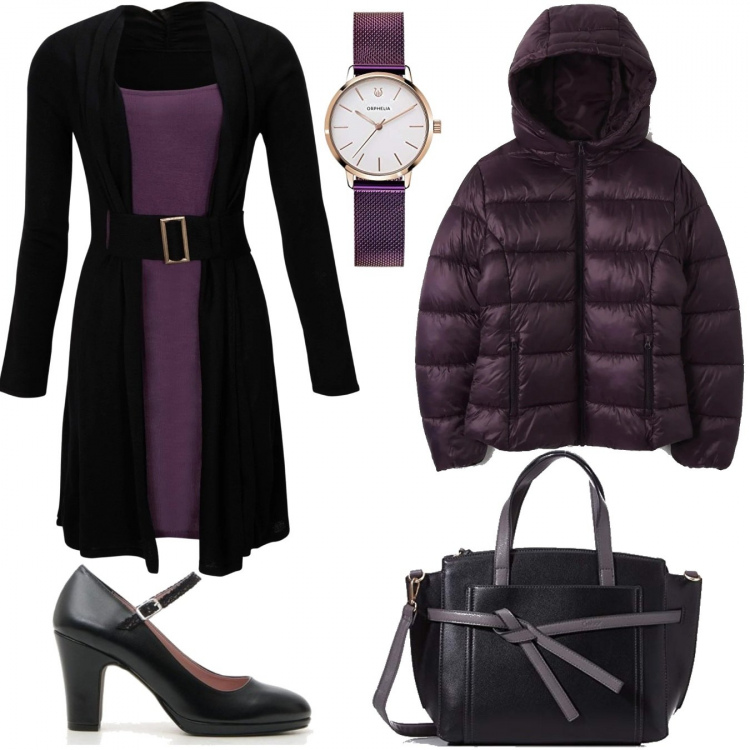 Outfit donna - In ufficio curvy. Stile Chic per Ufficio. Abbinamento con vestiti midi/longuette, cappotti, décolleté, shopping bag, orologi analogici.