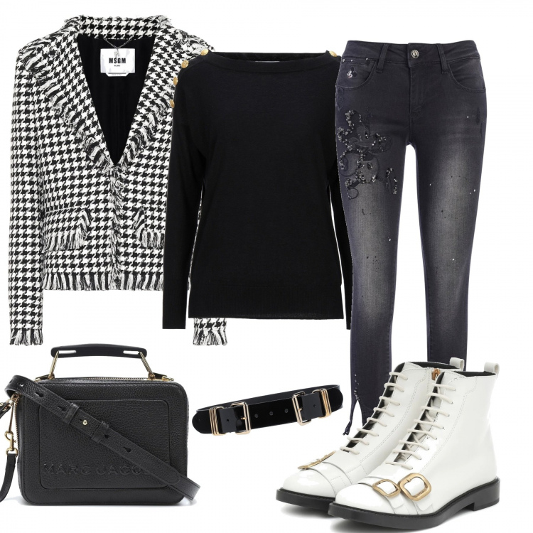 Outfit donna - Pied de poule. Stile Trendy per Tutti i giorni. Abbinamento con pullovers, cinture, jeans skinny, borse a tracolla, blazer, anfibi.